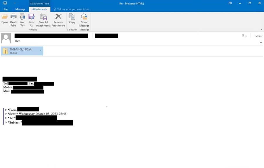 مثال على بريد Emotet يبدو رداً على محادثة حقيقية مع مرفق ZIP خبيث